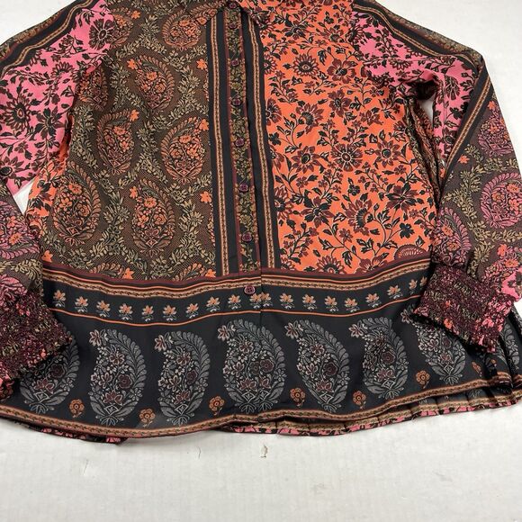 Elie Tahari Paisley Floral Blouse Small Button Front Bohemian Pleated Back Top - Picture 2 of 10